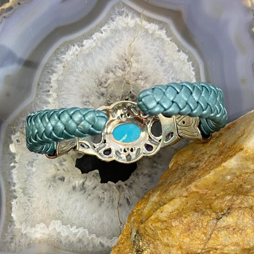 Carolyn Pollack Sterling Multi Gemstone Turquoise Braided Leather Hinge Bracelet - Picture 7 of 10